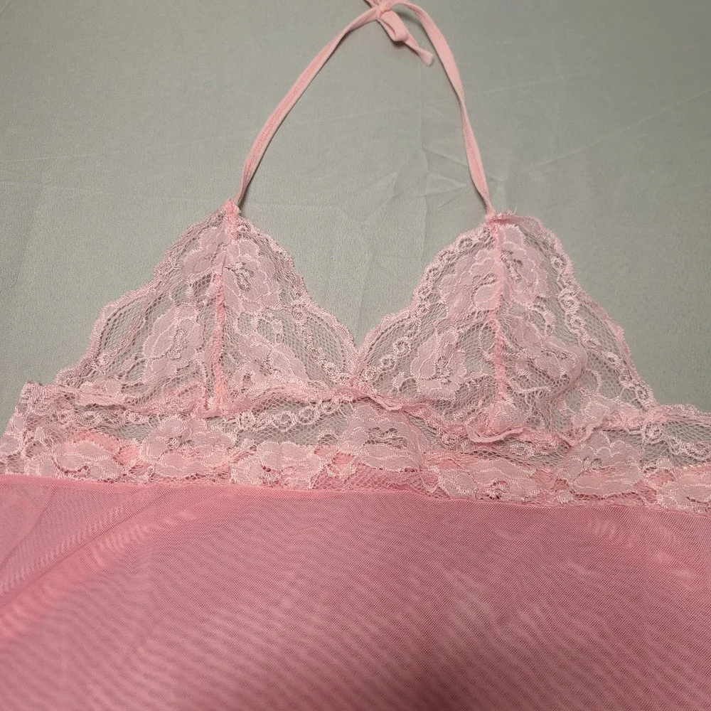 Unbranded‎ Babydoll Chemise Lingerie Women Medium Pink Lace Mesh Halter Nightie